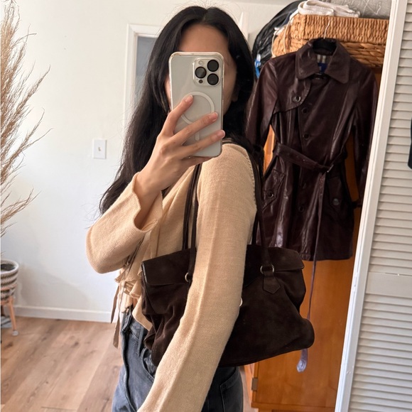 Prada Vintage Scamosciato Brown Suede Shoulder Bag Silver Hardware Push Lock - Picture 3 of 16